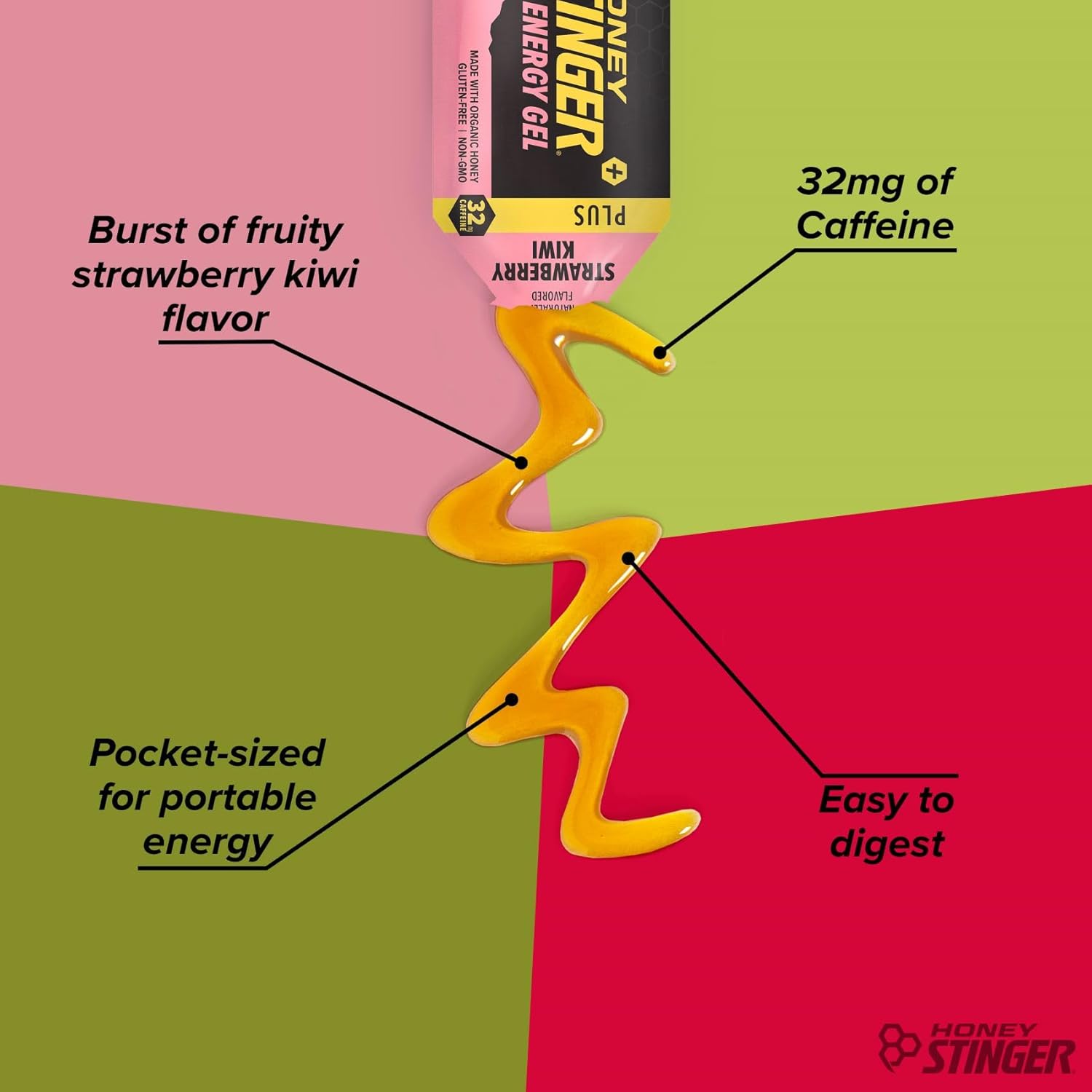Organic Honey Caffeinated Energy Gel - Strawberry Kiwi Flavor | Gluten Free Sports Nutrition for Exercise, Running, Performance | Pre and Mid Workout Fuel | 24 Pack - Espot.com.au