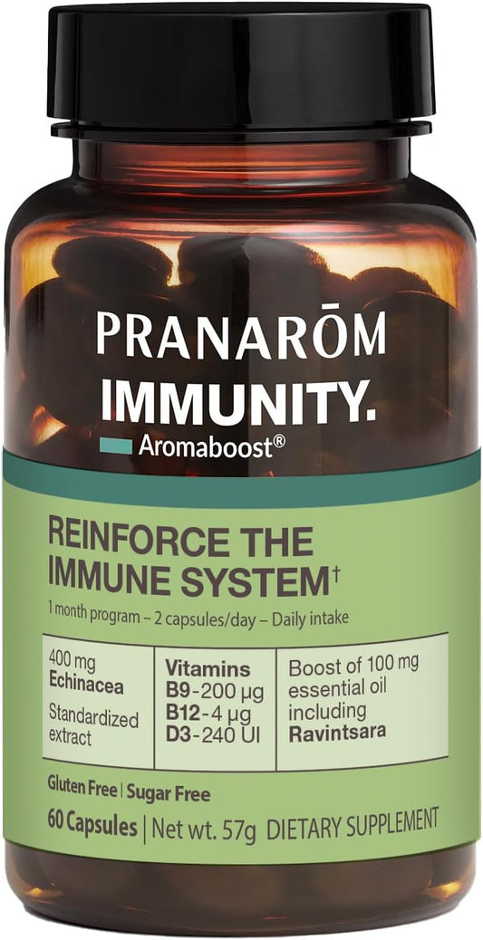 Immune Support Supplement with Black Cumin, Echinacea, Vitamins B9, B12, D3, and Ravintsara Oil - 60 Capsules by Pranarom - Espot.com.au