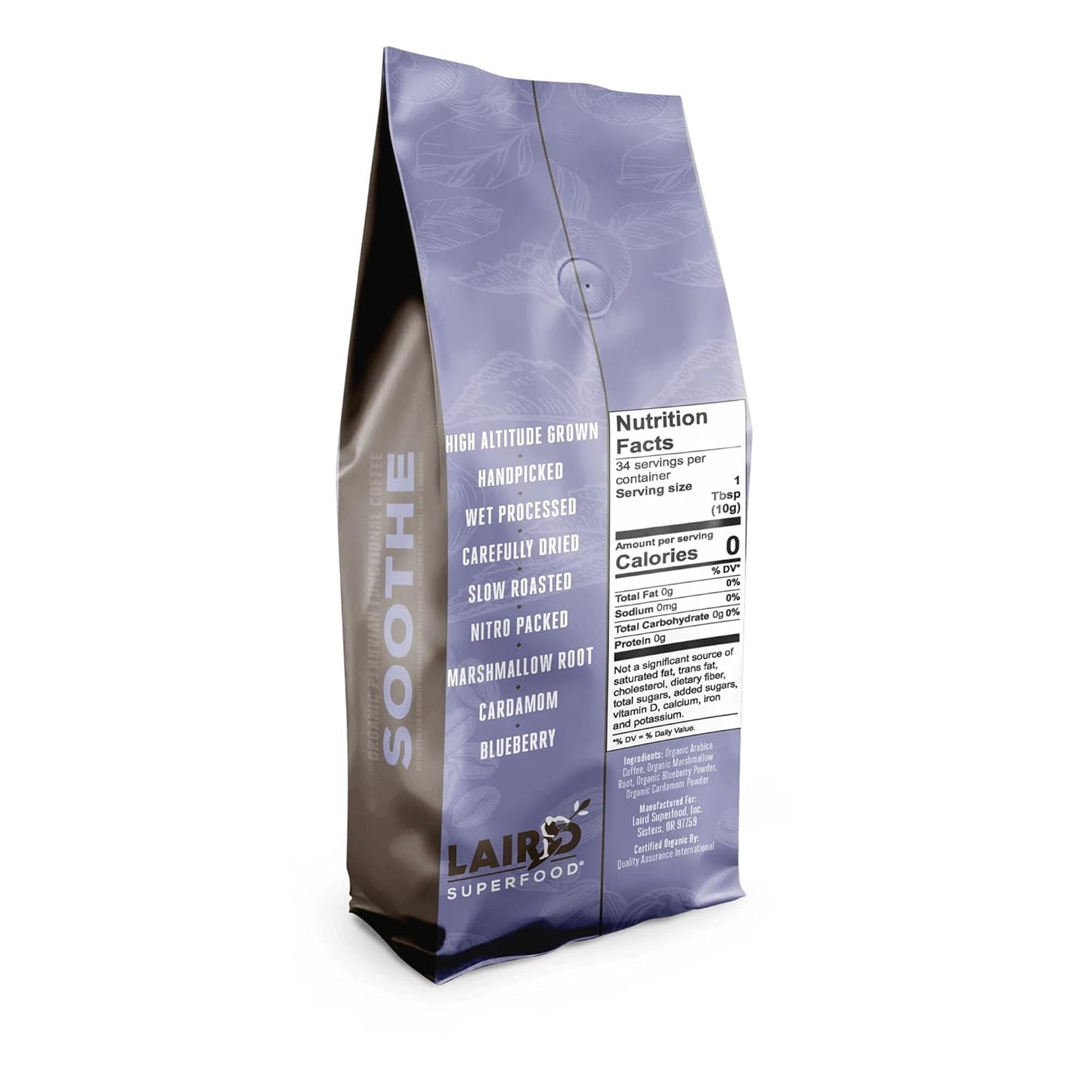 Organic Medium Roast Caffeinated Soothe Coffee with Stomach-Friendly Ingredients - 12 oz Bag - Marshmallow Root, Cardamom, Blueberry Powder - Laird Superfood - Espot.com.au