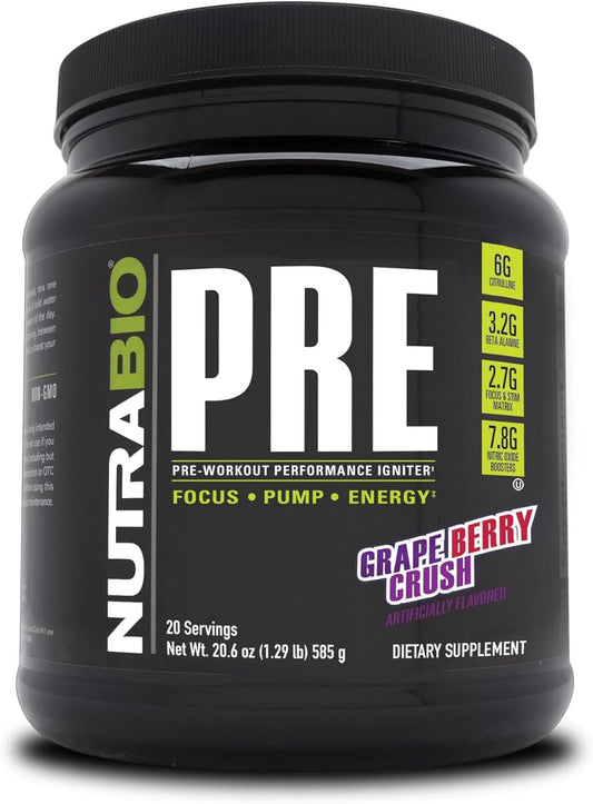 NutraBio PRE Workout Powder - Clinically Dosed Formula for Sustained Energy, Mental Focus, and Endurance - Grape Berry Crush Flavor - 20 Servings - Espot.com.au