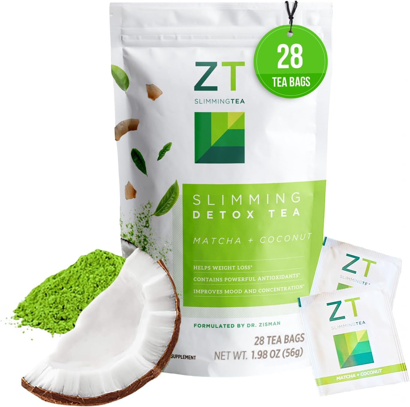 Dr. Zisman ZT Slimming Matcha-Coconut Detox Tea - Weight Management with Antioxidants, Mood Enhancement & Focus Boost - 28 Tea Bags - Espot.com.au
