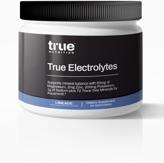 True Nutrition Electrolyte Hydration Supplement Drink Mix - Limeade Flavor | Supports Mineral Balance with Zinc, Potassium, Magnesium, Sodium | Aquamin® 72 Trace Sea Minerals | 5 Calories, 0g Sugar | 45 Servings - Espot.com.au