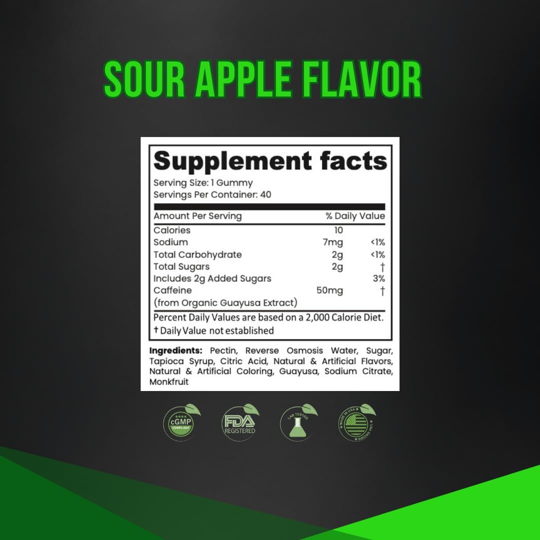 Organic Guayusa Energy Gummies with 50mg Caffeine per Gummy, Sour Apple Flavor - 40ct - Espot.com.au