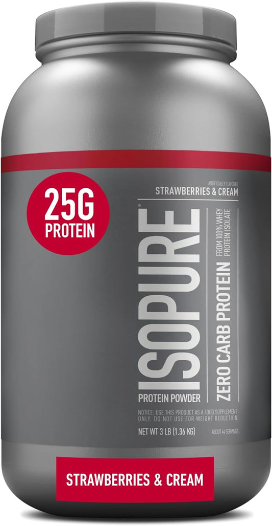 Isopure Zero Carb Whey Isolate Protein Powder, Strawberries & Cream Flavor, 25g Protein, 3 Lbs, 44 Servings, Gluten & Lactose Free - Espot.com.au