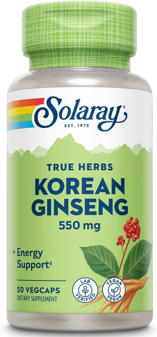 Solaray Korean Ginseng Root 550mg Capsules - Natural Stress Relief, Energy Boost & Endurance Support - Non-GMO, Vegan Formula - Lab Verified - 50 Servings, 50 VegCaps - Espot.com.au