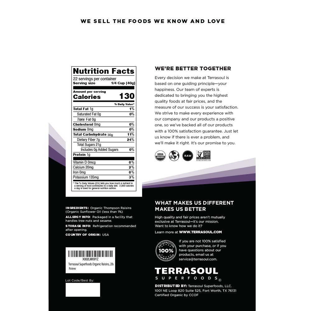 Organic Seedless Raisins - 2 lbs | No-Sugar Added | No Preservatives | Terrasoul Superfoods - Espot.com.au