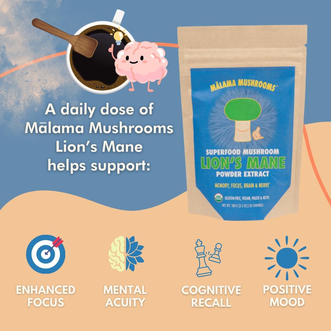 Organic Lion's Mane Mushroom Extract Powder by Malama - Superfood for Memory, Focus, Brain, and Nerves - Fruiting Body Lions Mane Powder - Supports Cognitive Health - Espot.com.au