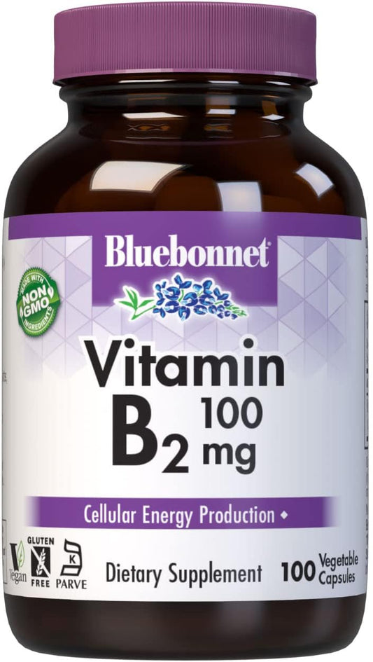 Bluebonnet Nutrition Vitamin B2 100 mg Capsules - Cardiovascular & Nervous System Support - Soy-Free, Gluten-Free, Kosher, Dairy-Free, Vegan - Non-GMO - 100 ct. - Espot.com.au