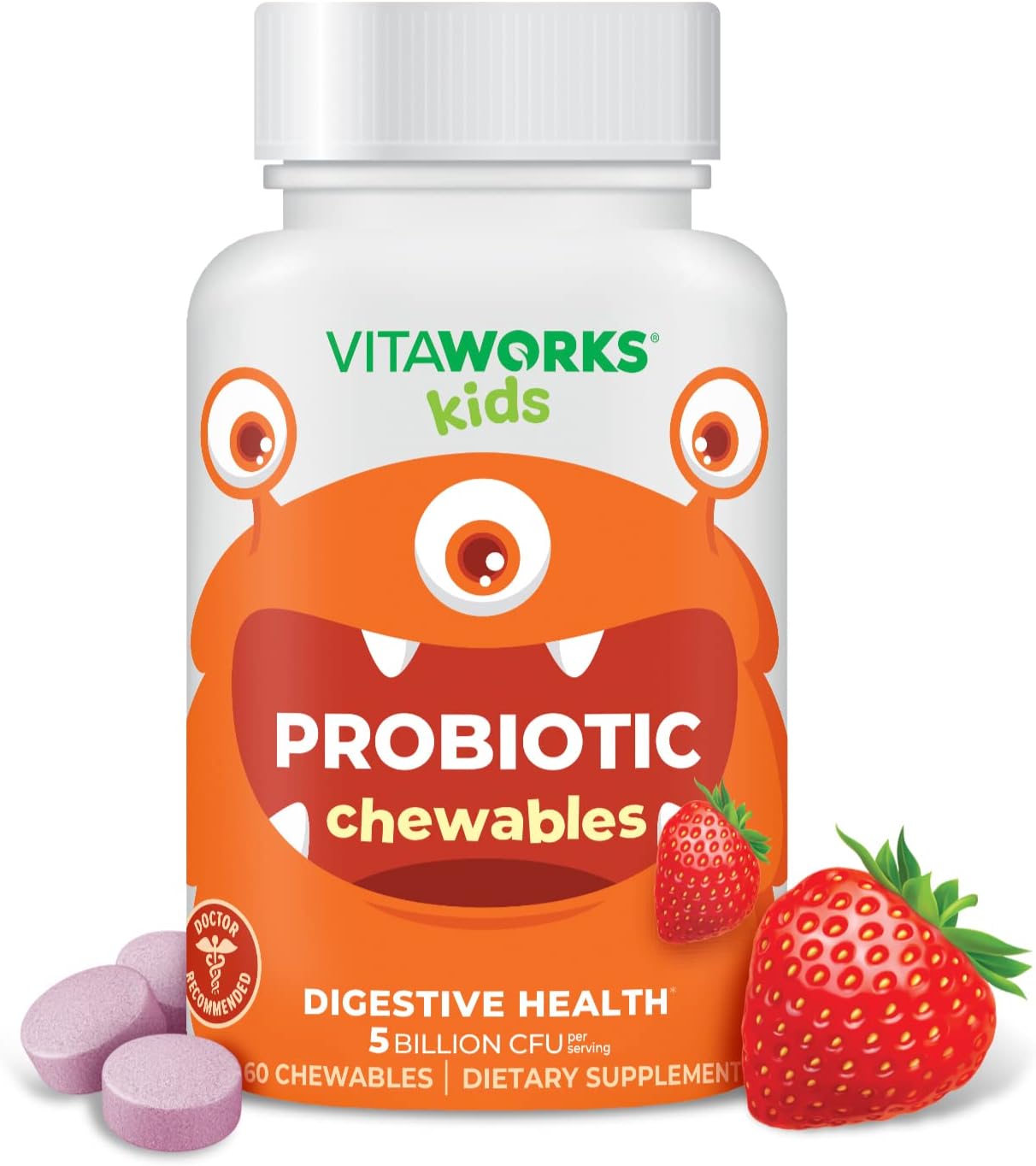 Berry Flavored Kids Probiotic Chewable Tablets - 5 Billion CFU Acidophilus Blend with Prebiotic Fiber - Vegan & Nut Free - 60 Chewables for Digestive Health - Espot.com.au