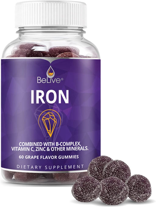 Iron Gummies with Multivitamins & Zinc - Grape Flavored Vegan Supplement for Blood Oxygen Support - Ideal for Women, Men & Kids of All Ages - Espot.com.au