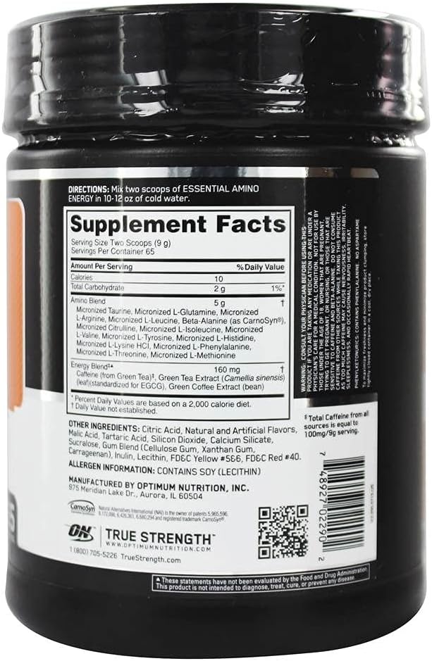 65 Servings of Optimum Nutrition Essential AmiN.O. Energy™ Orange Cooler - Boost Energy and Focus with Amino Acids