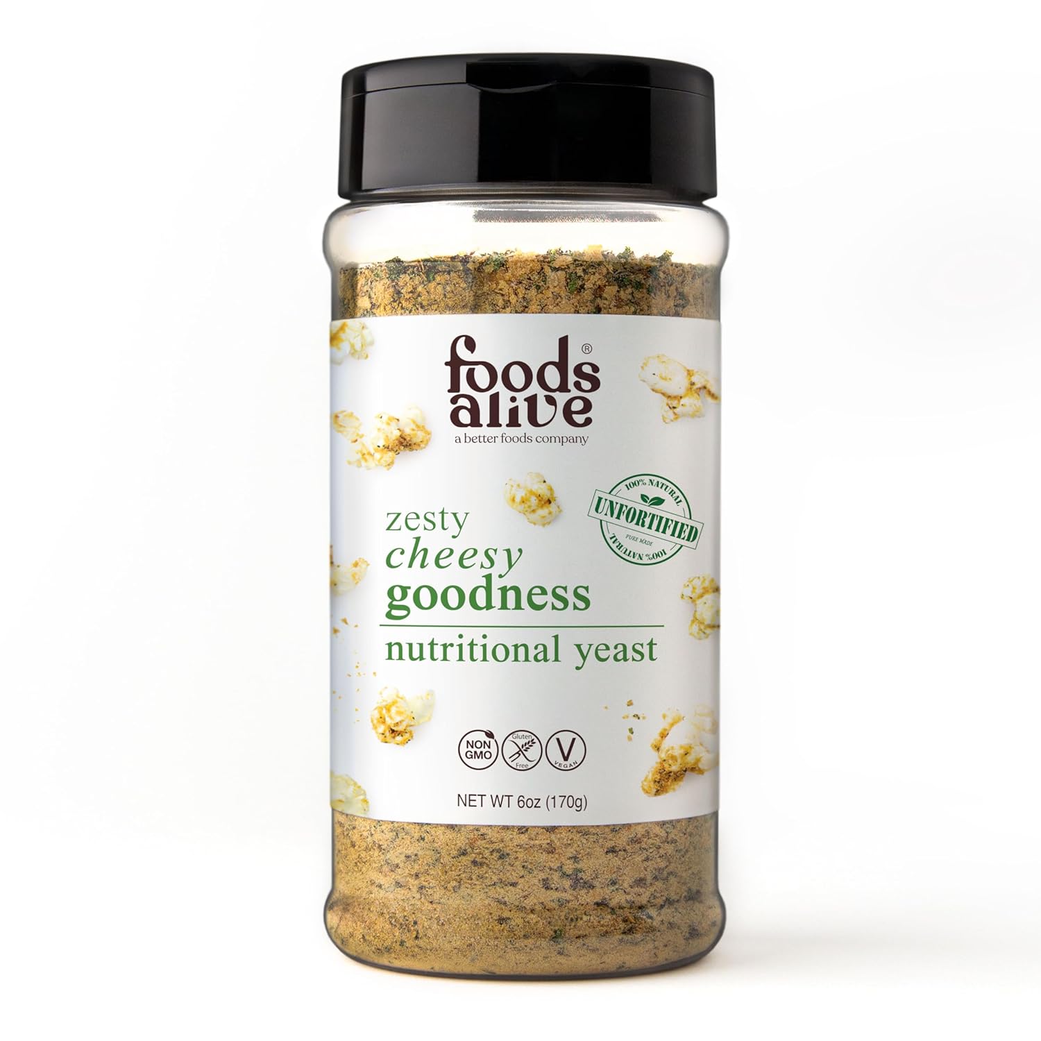 6oz Shaker Jar of Vegan Cheese Powder Seasoning, Non-Fortified Nutritional Yeast with Zesty Cheesy Goodness by Foods Alive