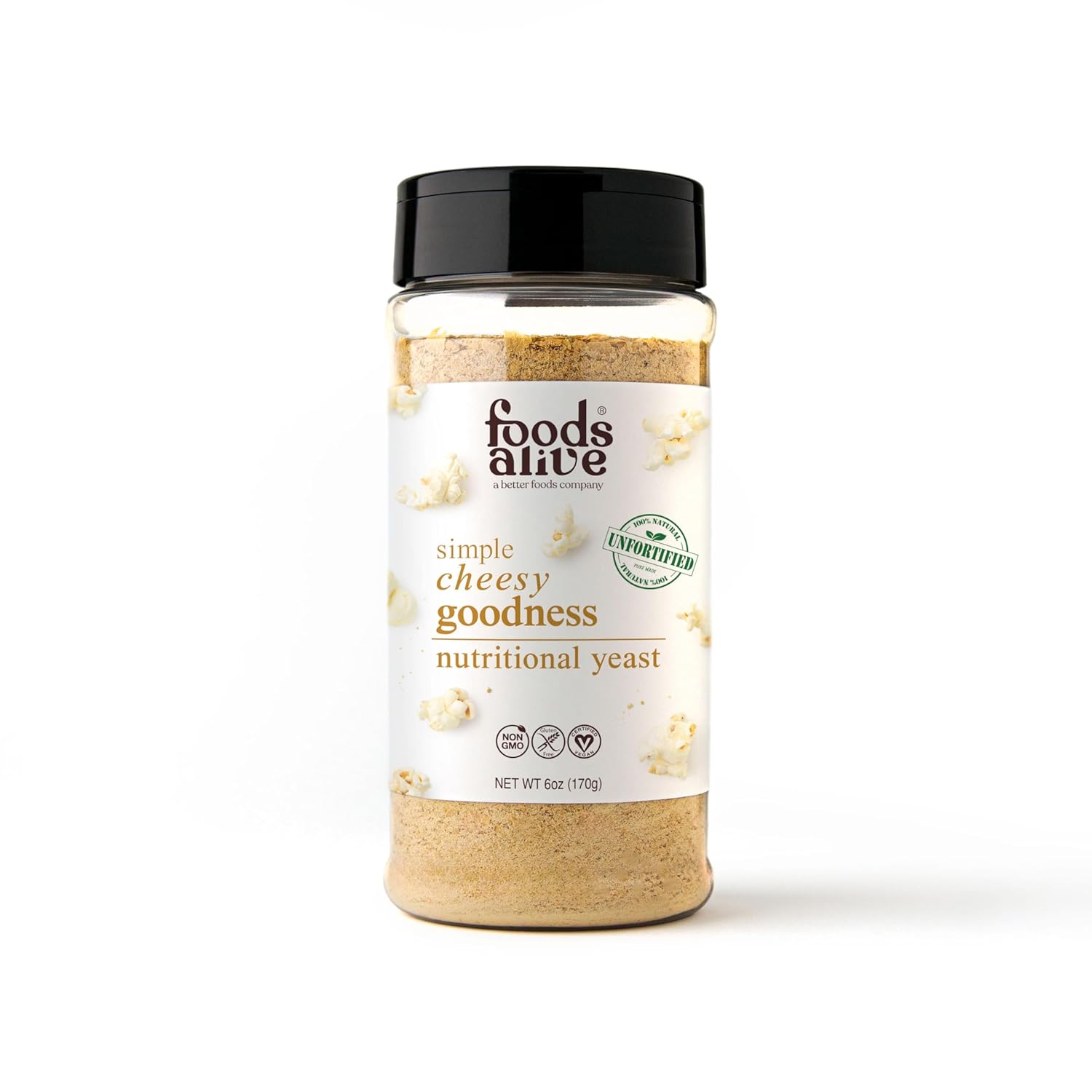 6oz Shaker of Foods Alive Non-Fortified Nutritional Yeast Flakes - Gluten-Free Vegan Protein, Cheese Powder, Popcorn Seasoning, Keto & Whole Foods Flavor Booster