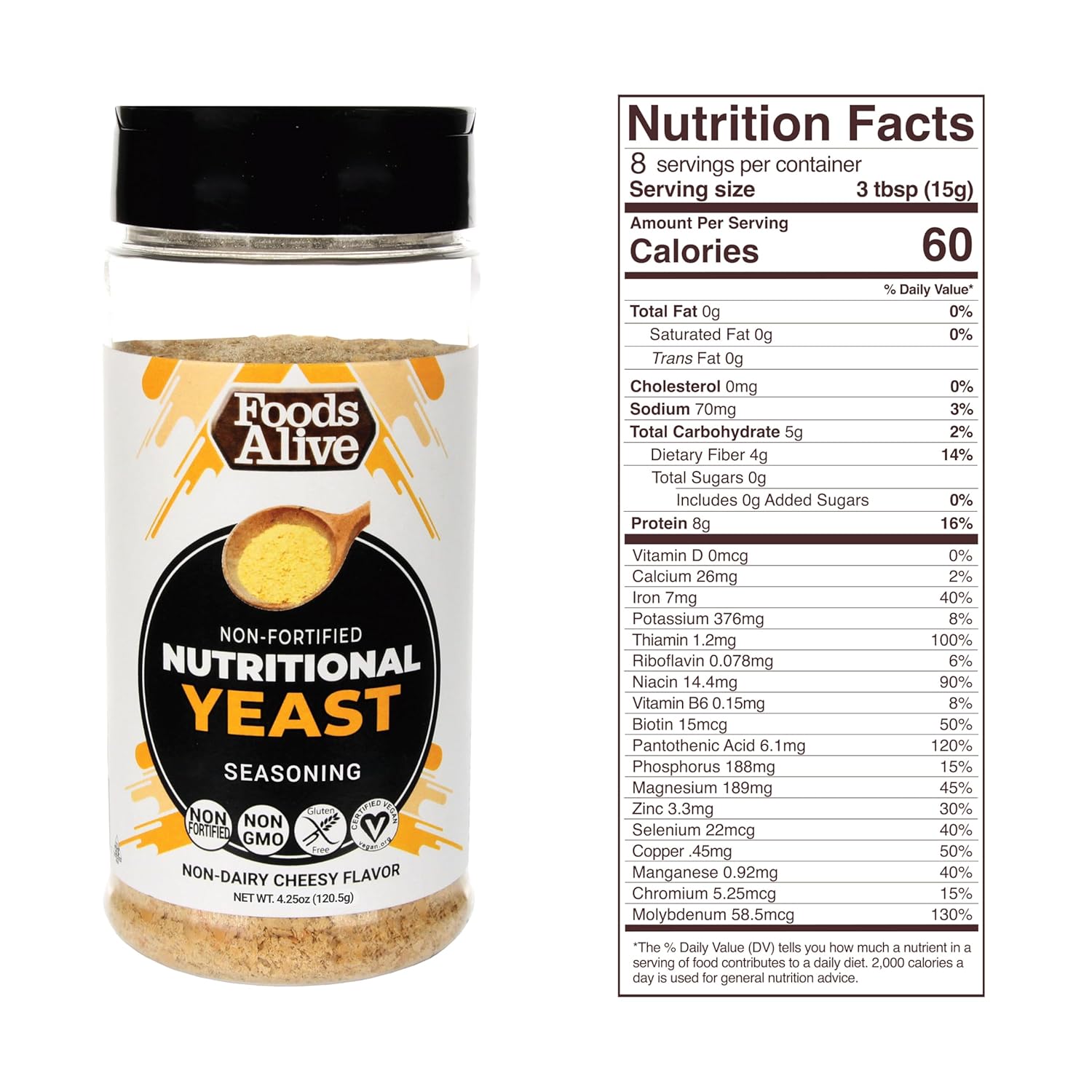 6oz Shaker of Foods Alive Non-Fortified Nutritional Yeast Flakes - Gluten-Free Vegan Protein, Cheese Powder, Popcorn Seasoning, Keto & Whole Foods Flavor Booster