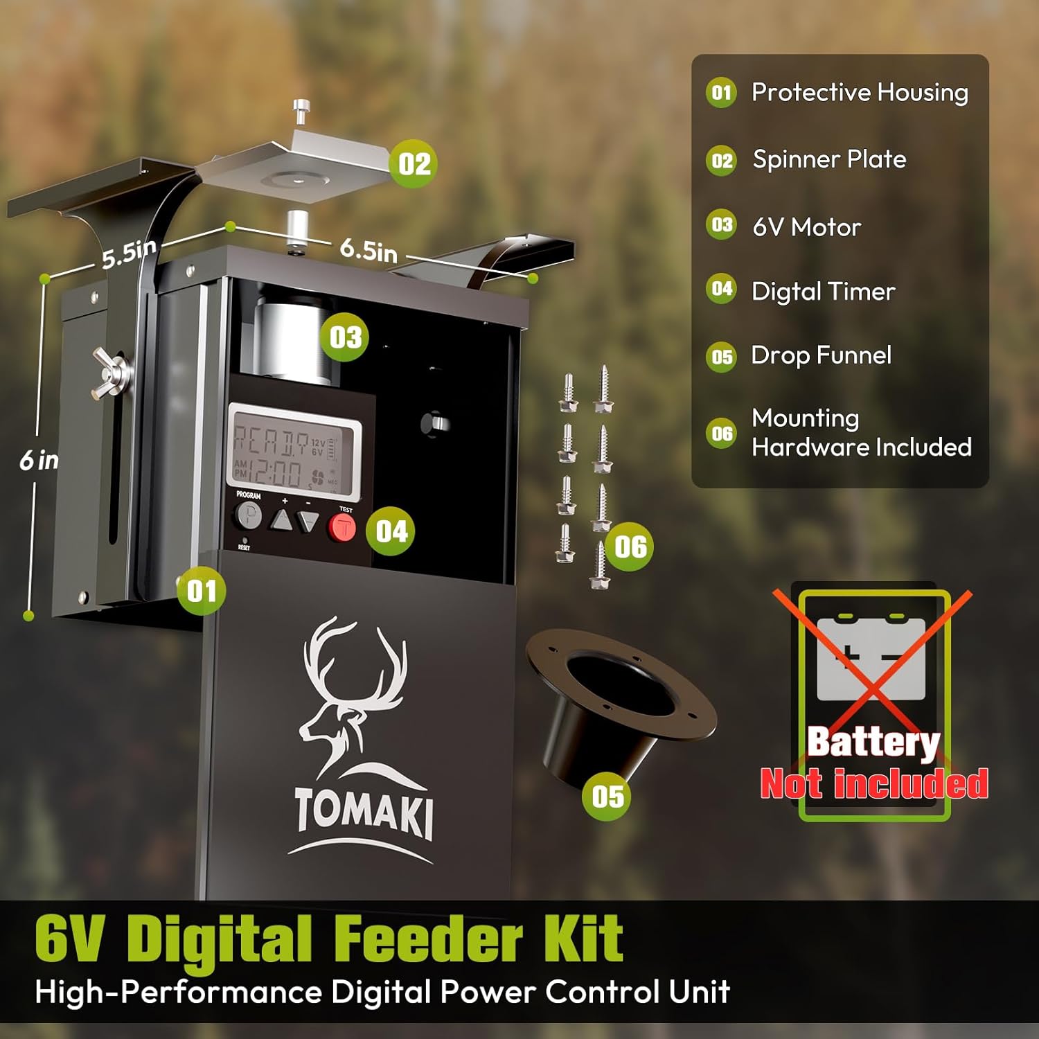 6V Deer Feeder Kit with Metal Motor and Timer, Digital Game Feeder, Mounting Bracket, 8 Feed Times, Easy Install, Weatherproof
