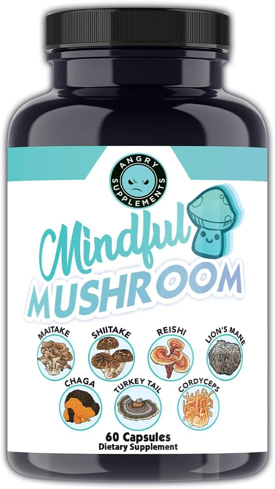 7-in-1 Premium Health Shroom Blend Capsules with Maitake, Shiitake, Reishi, Turkey Tail, Cordyceps, Lions Mane, and Chaga Mushrooms (60ct) by Angry Supplements