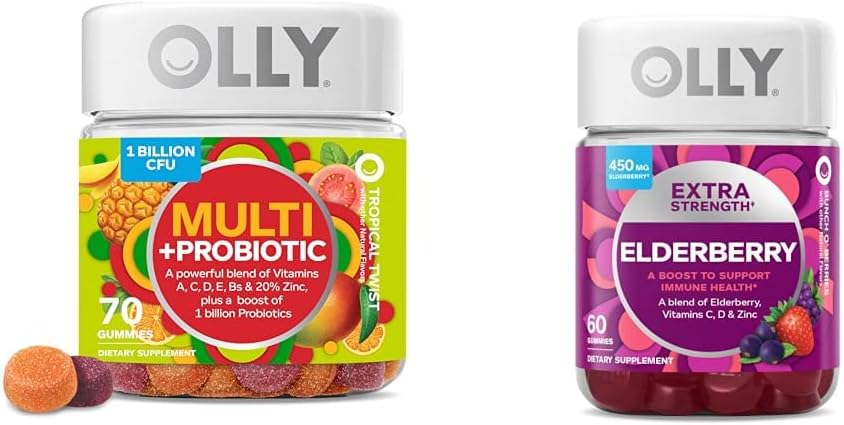 70 Count Adult Multivitamin Gummy with Probiotics and 60 Count Extra Strength Elderberry Gummies for Immune Support