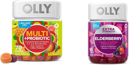 70 Count Adult Multivitamin Gummy with Probiotics and 60 Count Extra Strength Elderberry Gummies for Immune Support