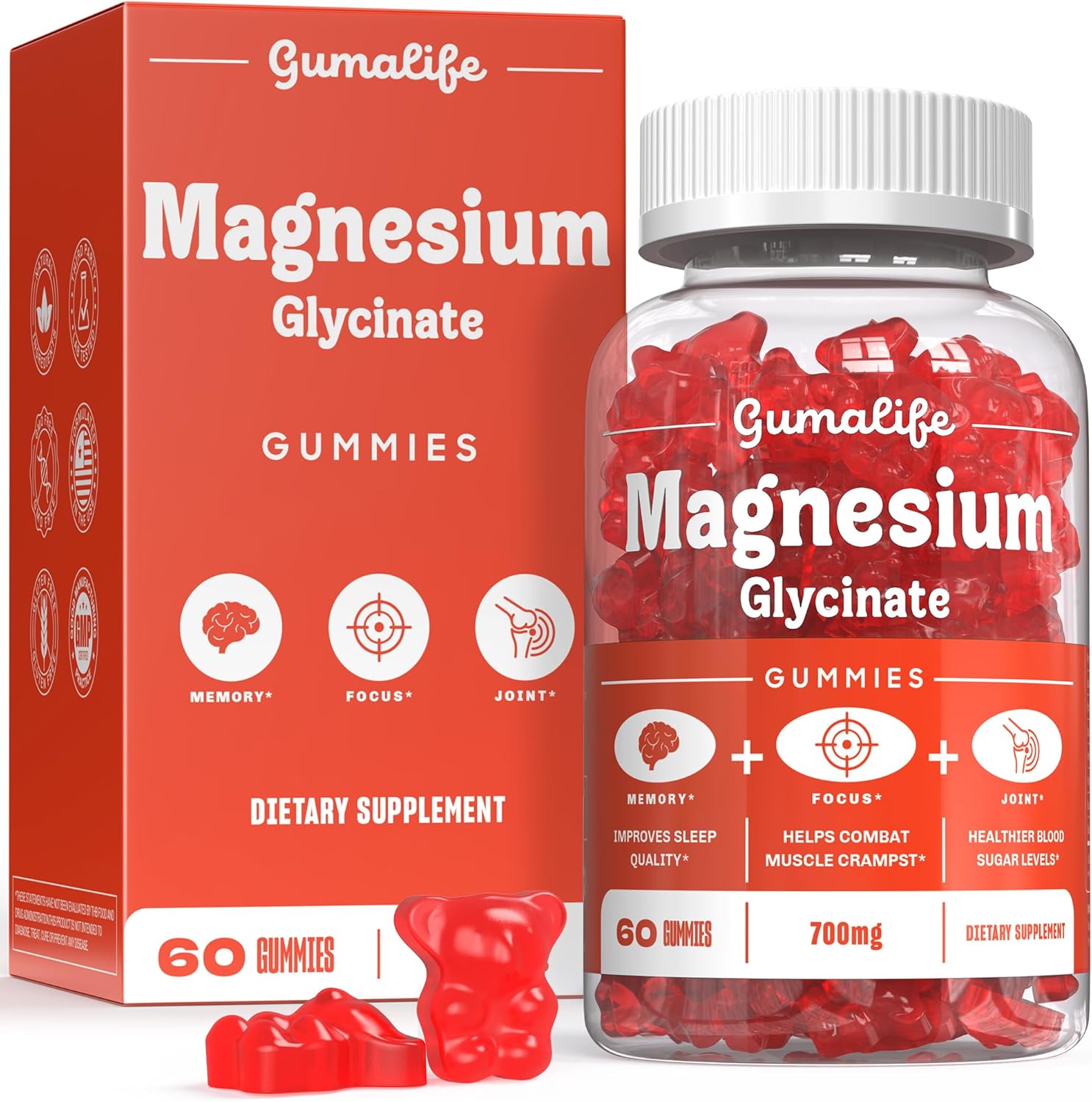 700mg Magnesium Glycinate Gummies by Gumalife - Sugar-Free Relaxation Supplement with 60 Gummies per Box