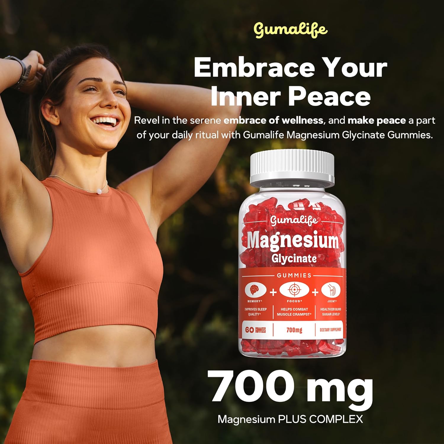 700mg Magnesium Glycinate Gummies by Gumalife - Sugar-Free Relaxation Supplement with 60 Gummies per Box