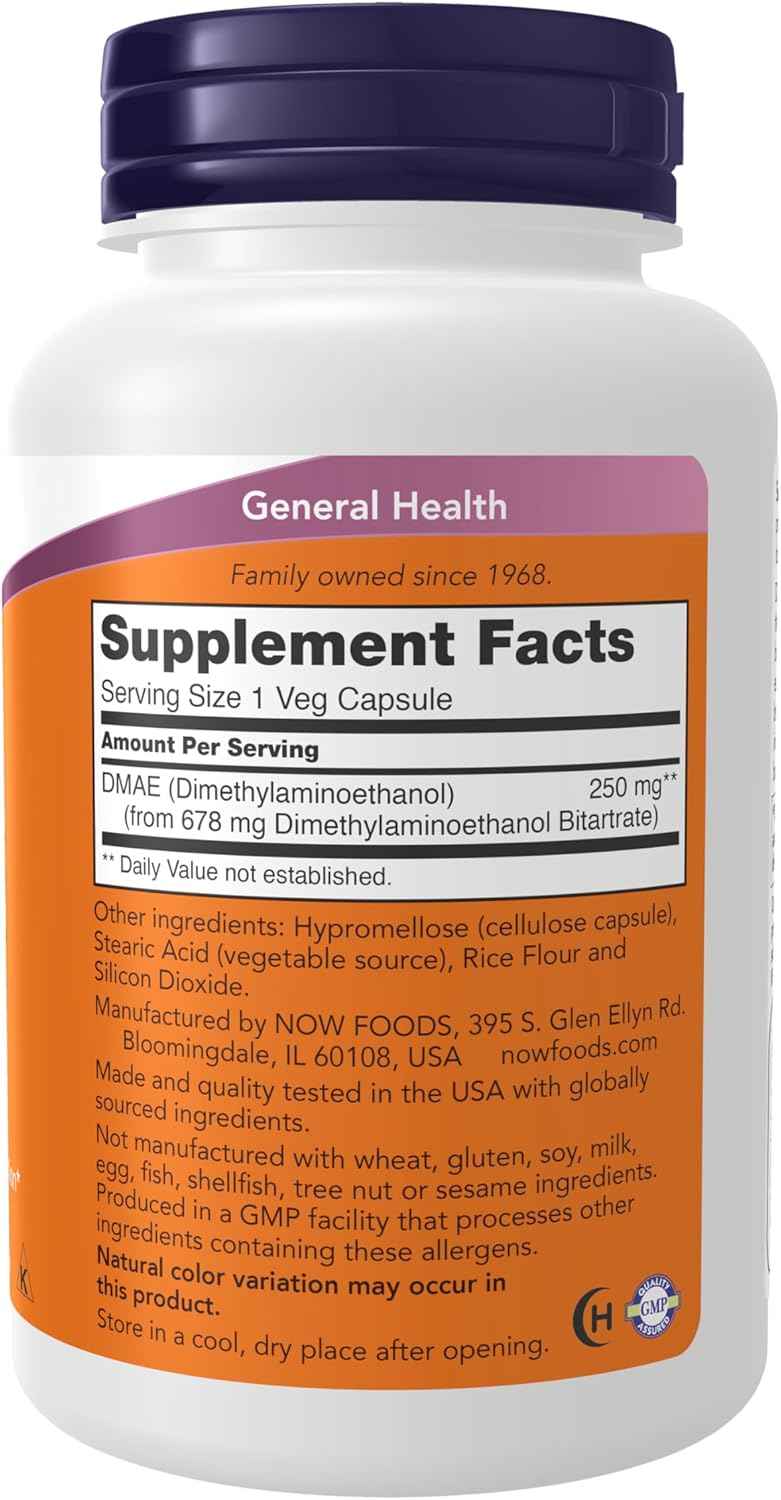 NOW Foods DMAE 250 mg Supplements - Enhance Brain Function - 100 Veg Capsules