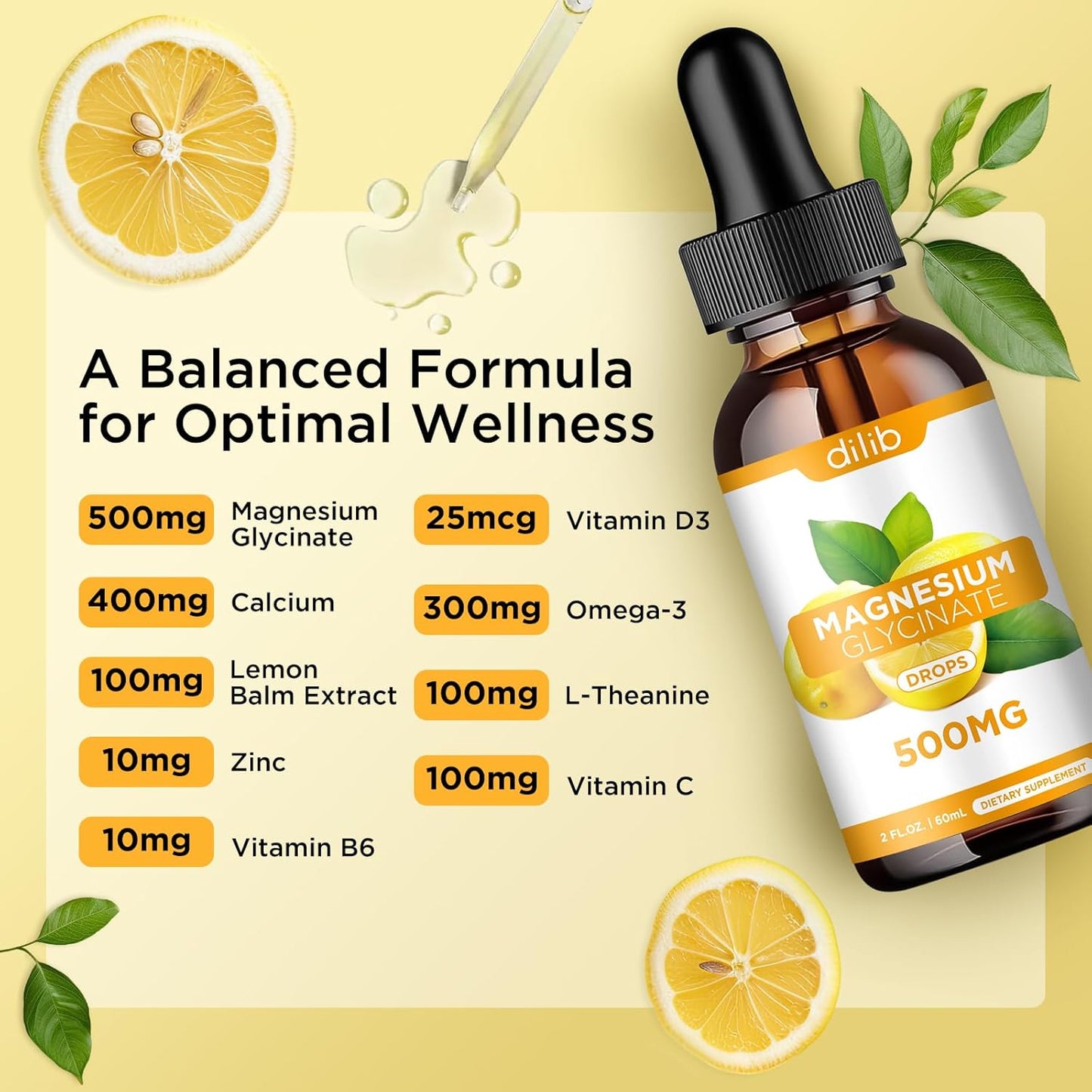 Magnesium Glycinate Liquid Drops 500mg with Calcium, Zinc, Vitamin B6, D3, L-Theanine, Omega 3 - Lemon Flavor Supplement for Sleep, Mood, Stress Relief, Bone, Muscle - Espot.com.au