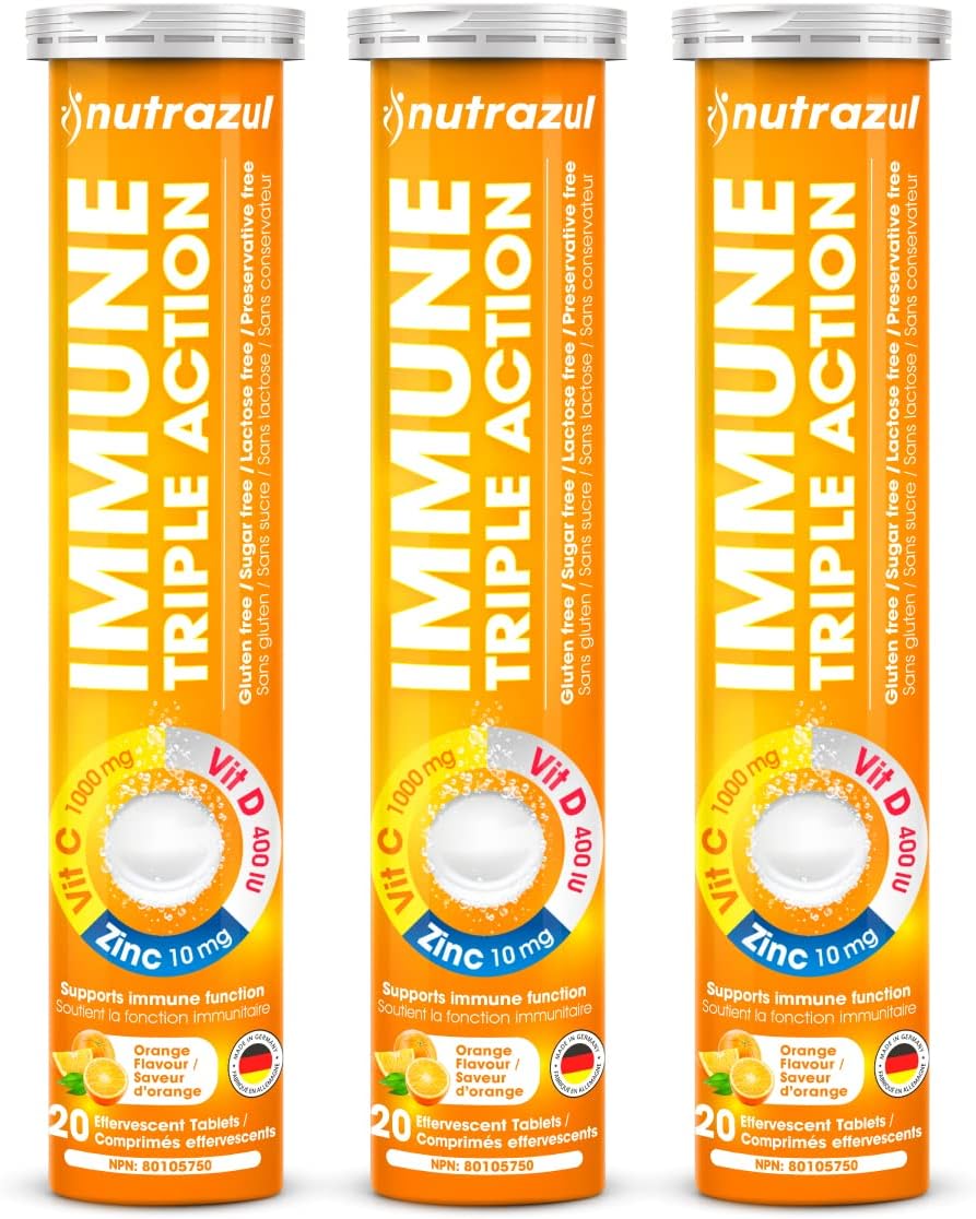 nutrazul Immune Triple Action Effervescent Tablets with 1000mg Vitamin C, Vitamin D, and Zinc - Orange Flavor - Pack of 60 - Gluten, Sugar, Lactose, and Preservative Free - Supports Immune Function - Espot.com.au