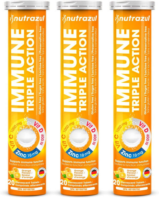 nutrazul Immune Triple Action Effervescent Tablets with 1000mg Vitamin C, Vitamin D, and Zinc - Orange Flavor - Pack of 60 - Gluten, Sugar, Lactose, and Preservative Free - Supports Immune Function - Espot.com.au