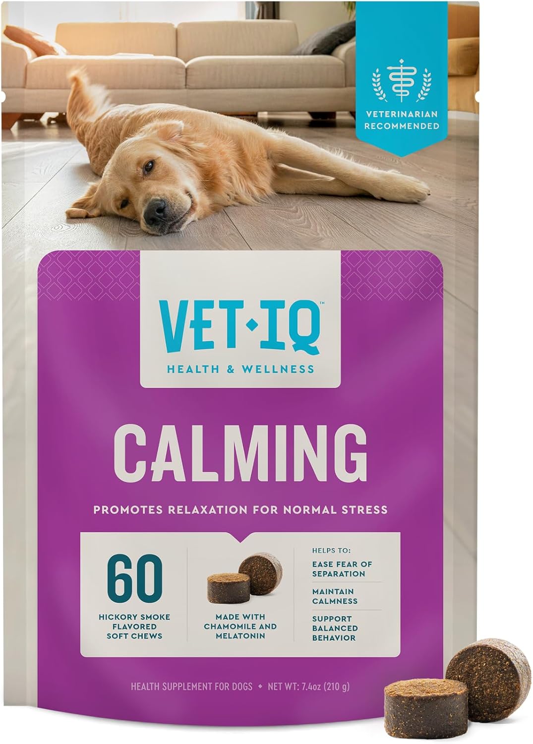 USA-Made VetIQ Calming Chews for Dogs, 60 Count - Stress & Anxiety Relief Supplement to Promote Relaxation & Manage Anxiety - Espot.com.au