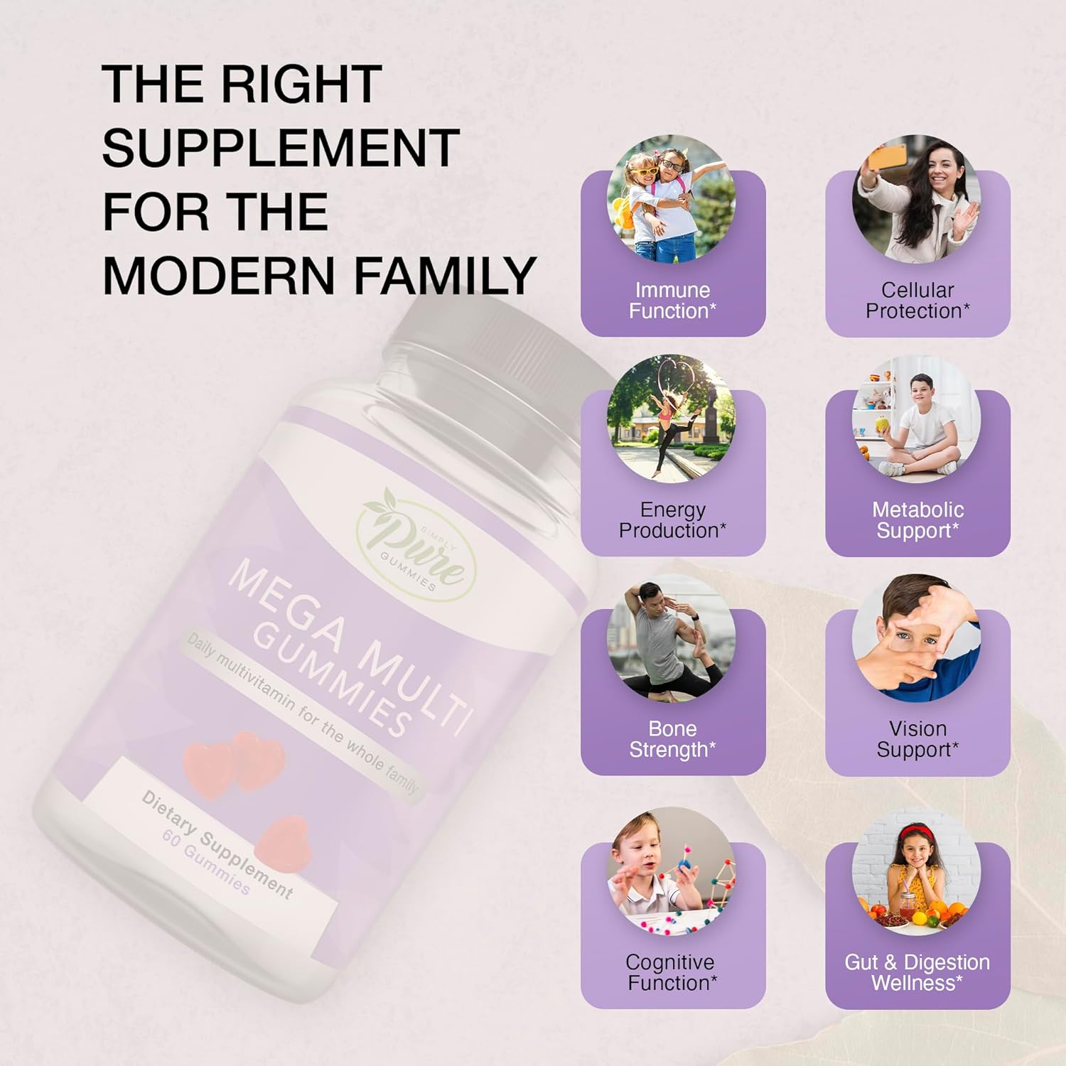 Pure By Nature Mega Multi Gummies - Natural Flavored Multi Vitamin Gummies for Women & Men - Dietary Supplement - Multivitamin with Vitamins A, D2, C, E, K, Biotin, Folic Acid - 60 Count - Espot.com.au