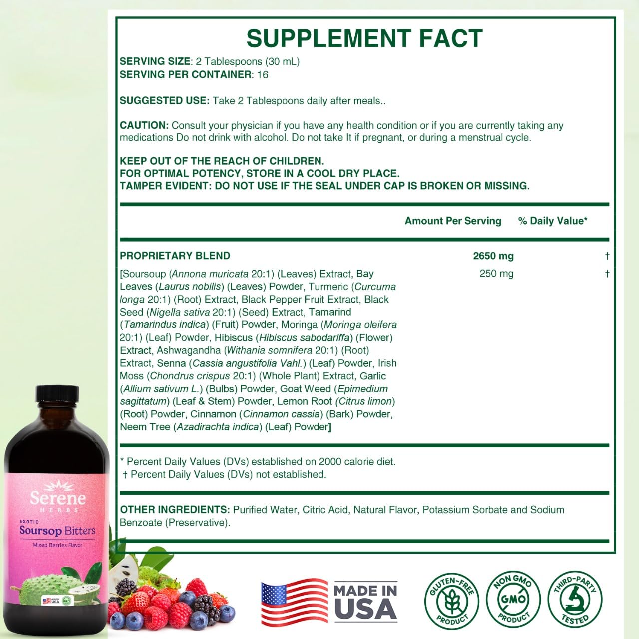 Organic Mixed Berry Soursop Bitters Liquid for Gut Cleanse & Immune Boost - 16 fl oz | Black Seed, Moringa, Irish Moss | 32 Servings - Espot.com.au