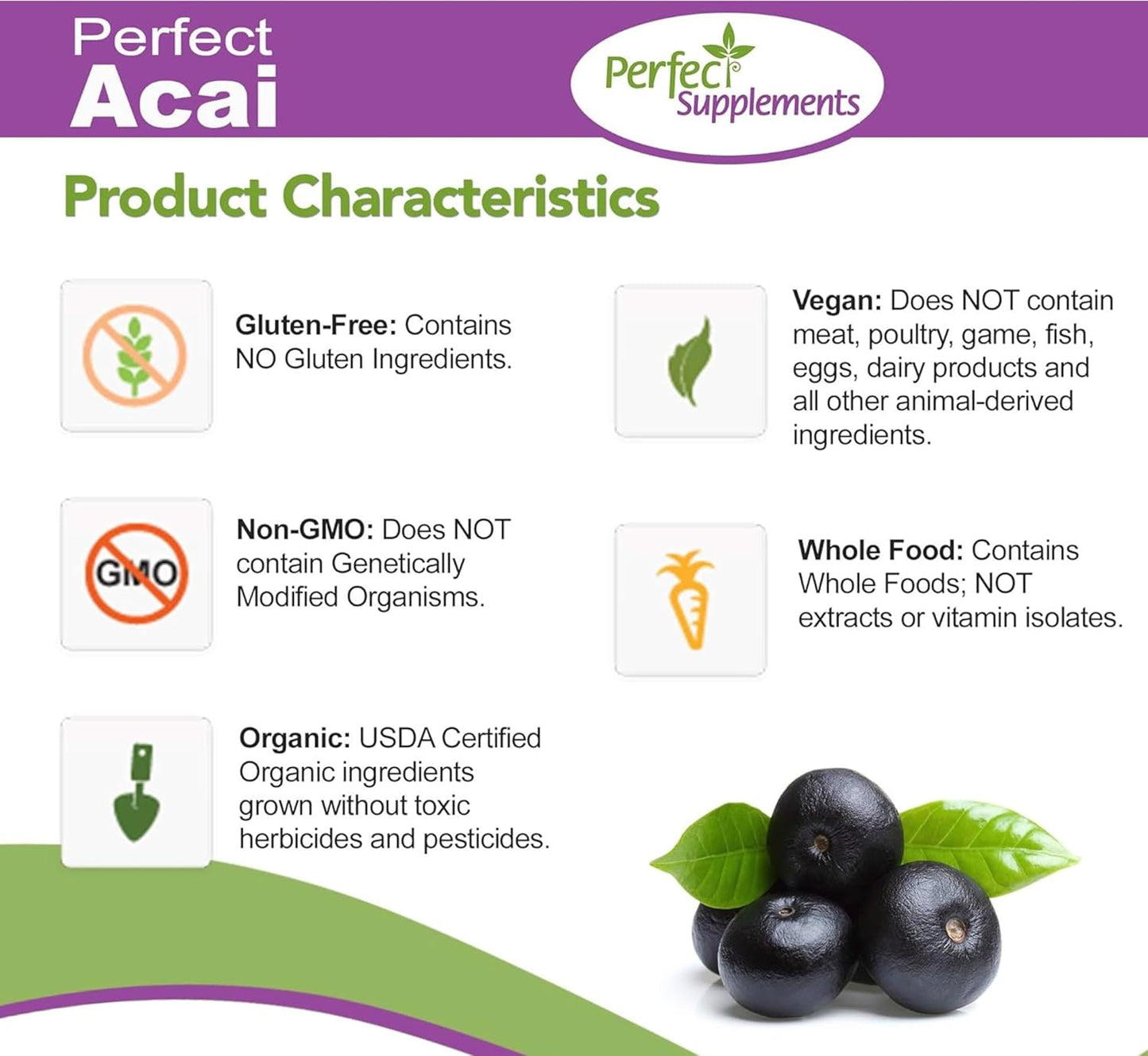 Organic Freeze-Dried Acai Supplement - 120 Vegetable Capsules by Perfect Supplements - Espot.com.au