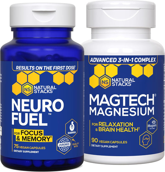 NATURAL STACKS MagTech Magnesium and NeuroFuel Nootropic Bundle - Supports Relaxation, Brain Health, and Focus - 165 Capsules - Espot.com.au