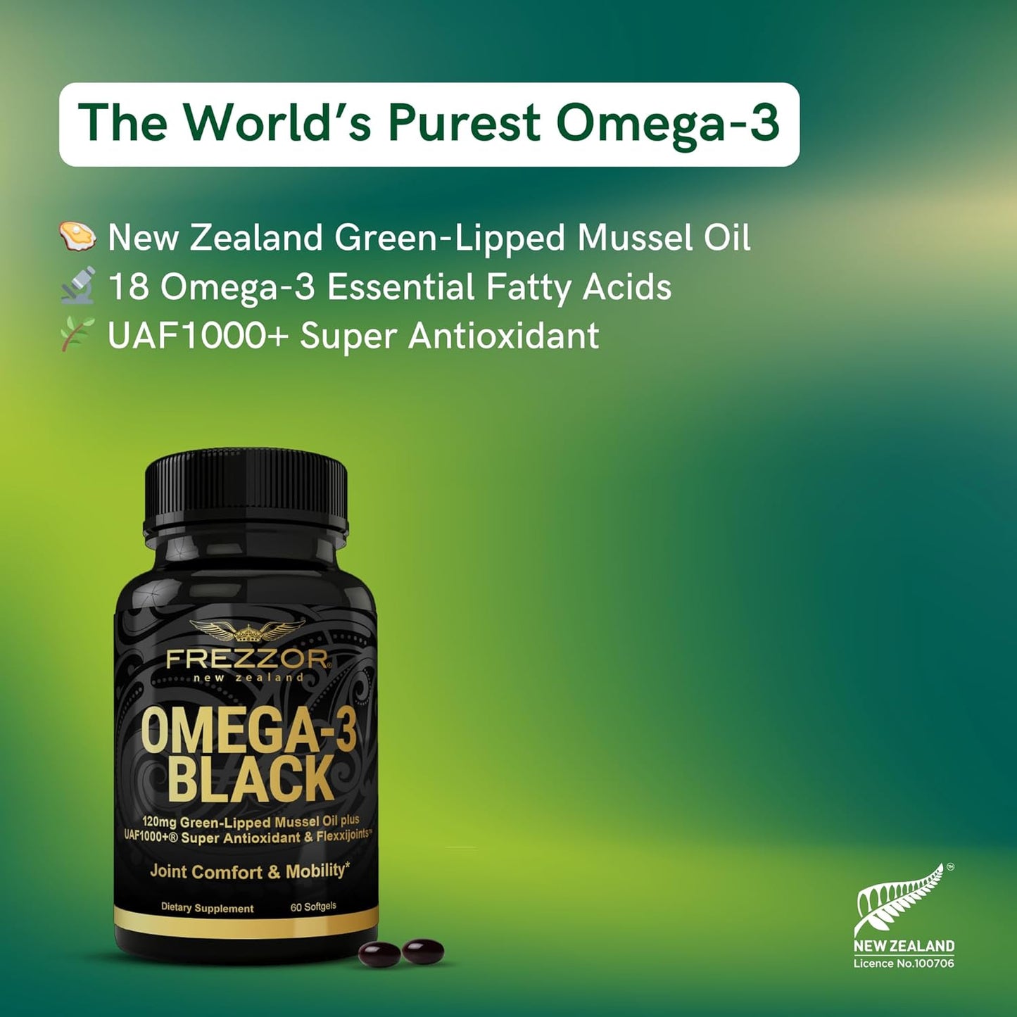 6-Pack FREZZOR Omega 3 Black Capsules with New Zealand Green Lipped Mussel Oil for Joint Care & Comfort - High Potency Antioxidant Formula, No Fishy Aftertaste - 450mg, 360 Softgels - Espot.com.au