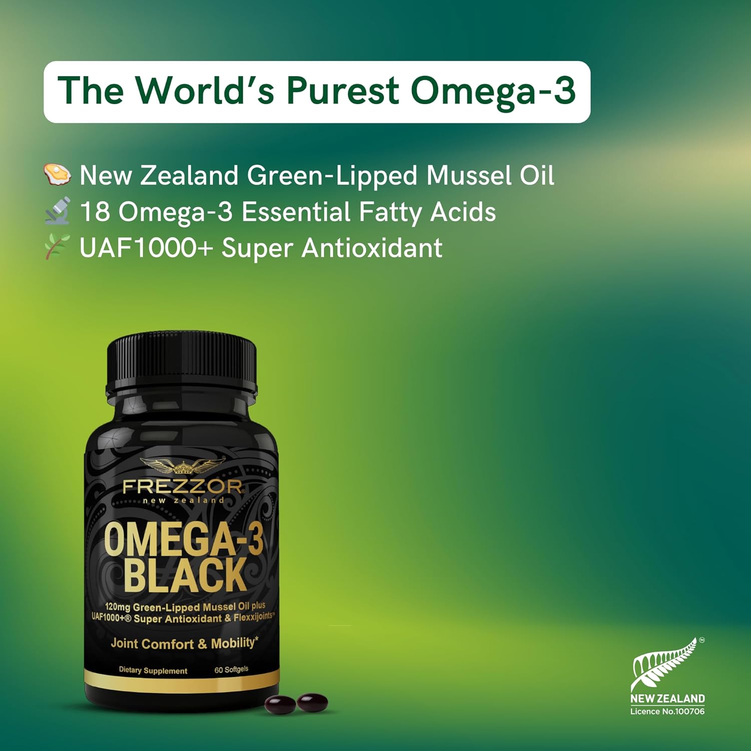 6-Pack FREZZOR Omega 3 Black Capsules with New Zealand Green Lipped Mussel Oil for Joint Care & Comfort - High Potency Antioxidant Formula, No Fishy Aftertaste - 450mg, 360 Softgels - Espot.com.au