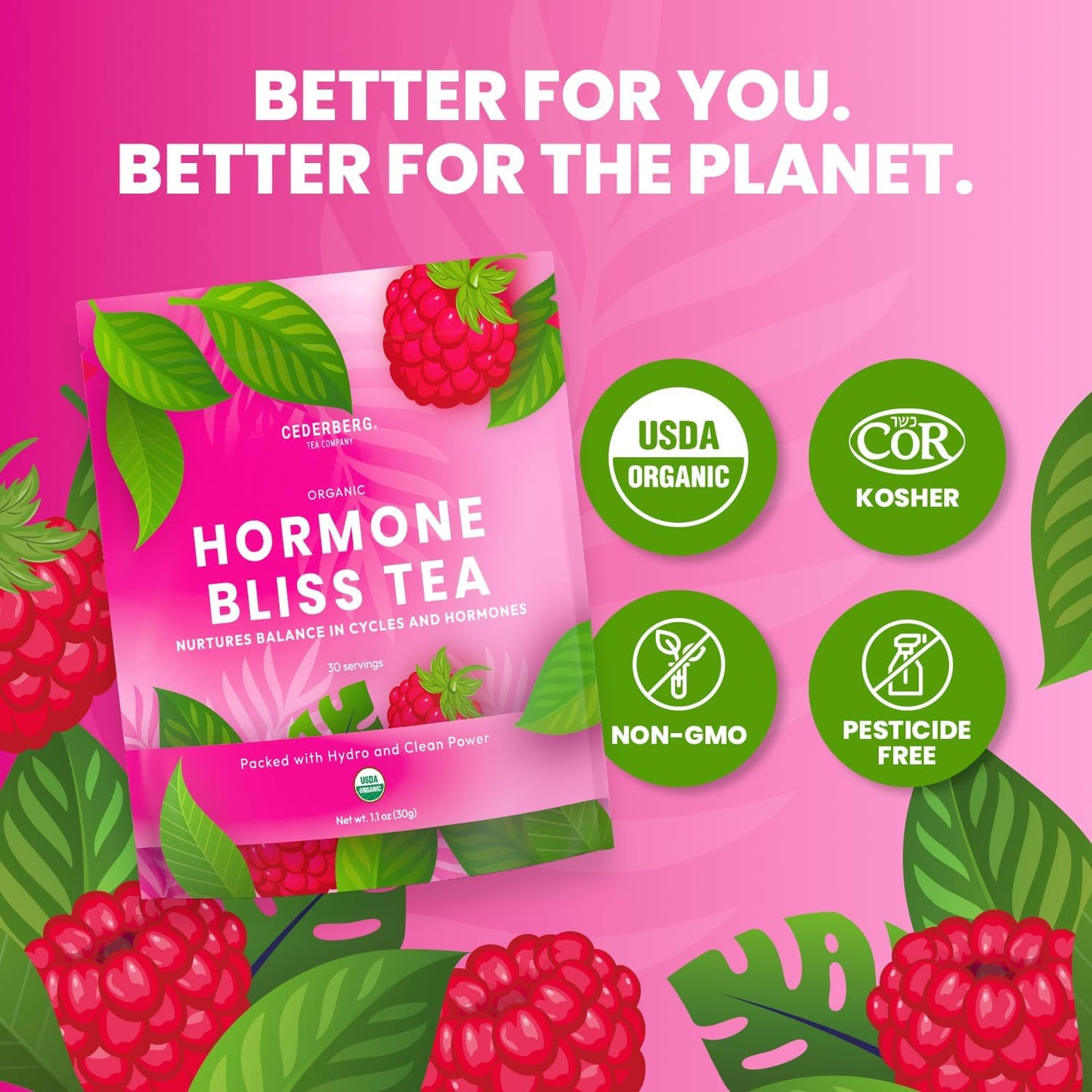 Organic Raspberry & Spearmint Hormone Balance Tea for Women - Caffeine Free, 30 Servings - PCOS Support & Female Fertility - Cederberg Tea Company - Espot.com.au