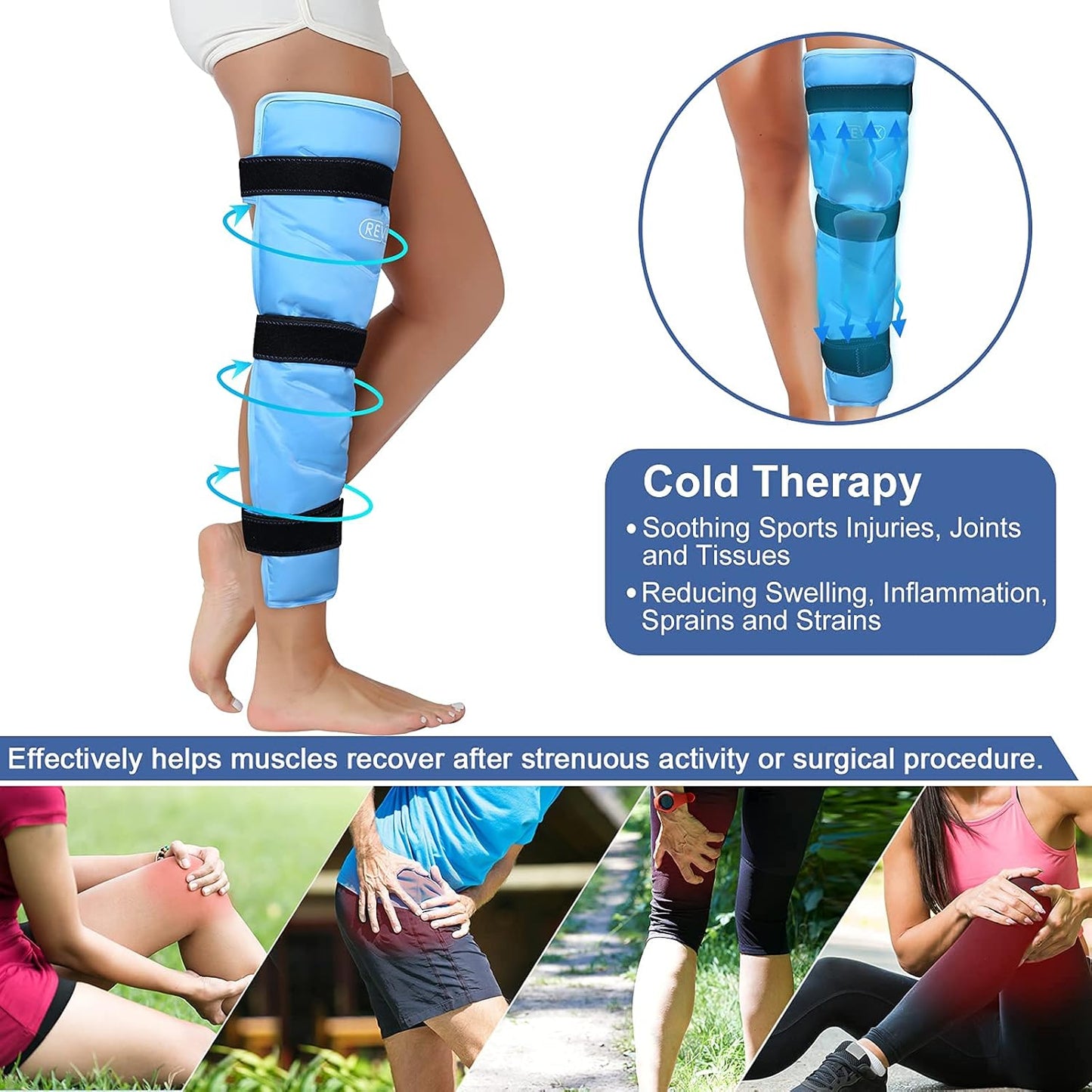 REVIX Full Leg Ice Pack Wrap - Reusable Gel Cold Wrap for Hip, Thigh, and Knee with 3 Straps - Soft Cold Compress Ice Pack Sleeve for Entire Leg - Espot.com.au