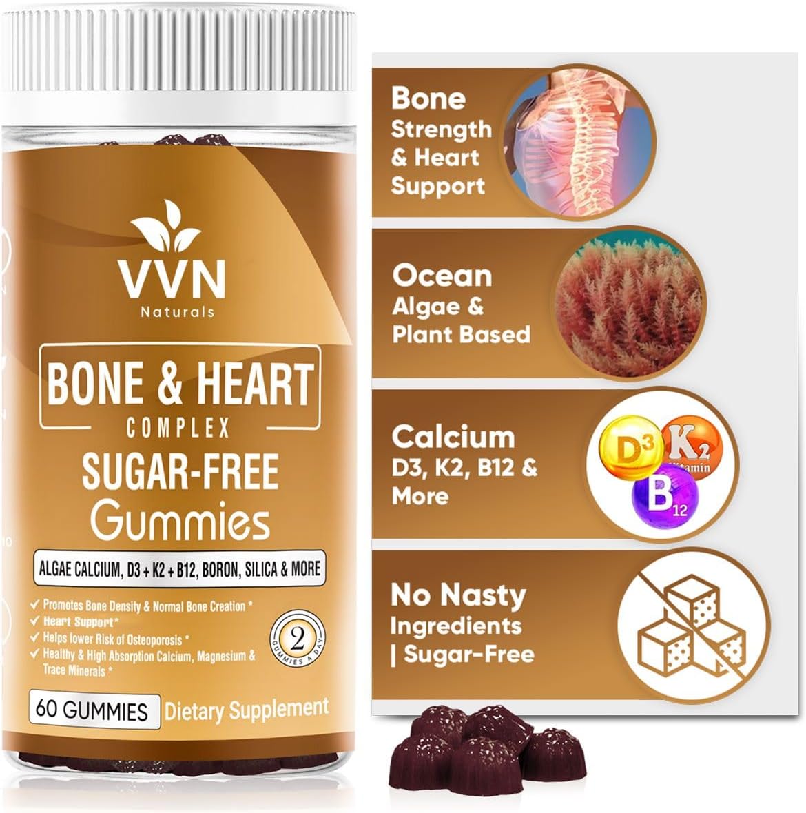Plant-Based Vegan Calcium Gummies with K2, D3, Magnesium, and 13 Trace Minerals for Bone Density Support | B12 & Heart Complex | 60 ct. - Espot.com.au