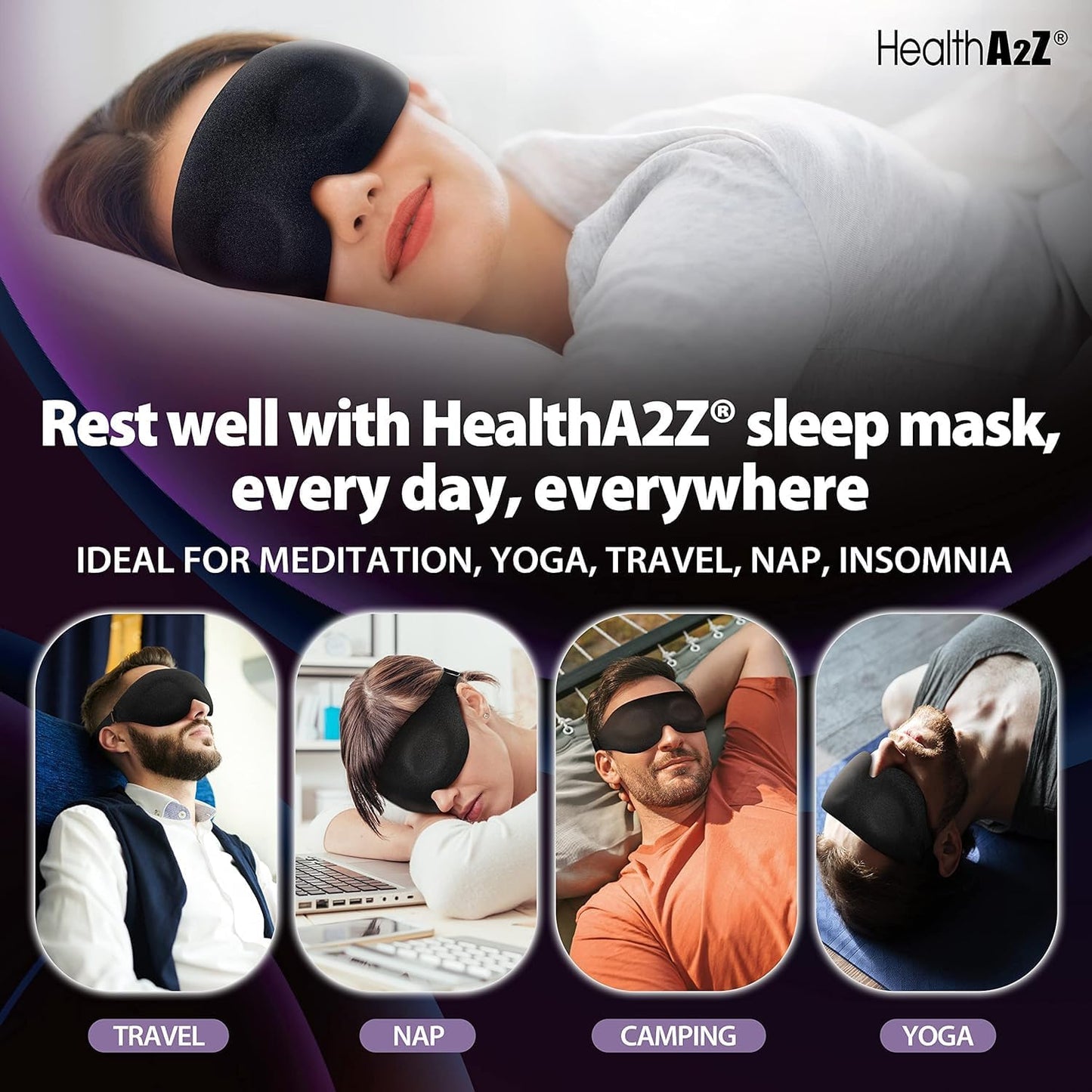 HealthA2Z Sleep Eye Mask with Heat-Bonded Technology - Adjustable & Ideal for Meditation, Yoga, Travel, Nap, Insomnia - Black - Espot.com.au