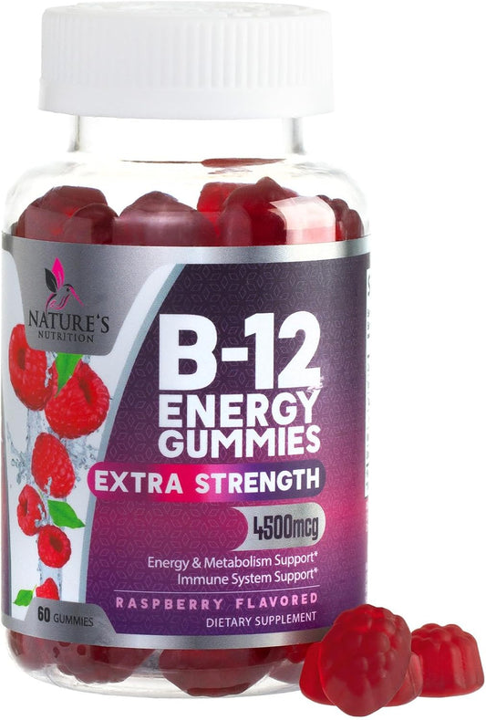 Extra Strength Vitamin B12 Energy Gummies - 4500mcg Chewable for Energy & Nervous System Support - Vegan B-12 Complex Gummy - Berry Flavor - 60 Gummies - Non-GMO - Espot.com.au