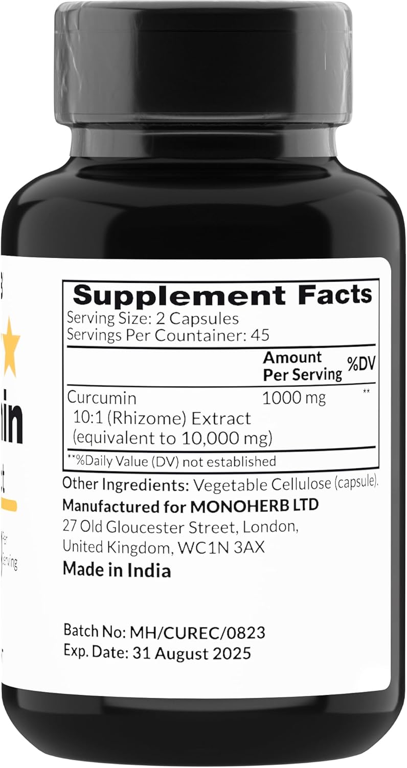 High Potency MONOHERB Curcumin Extract Capsules - 90 Vegetarian Capsules, 1000mg each - Equivalent to 10,000mg - 500mg per Capsule - Espot.com.au
