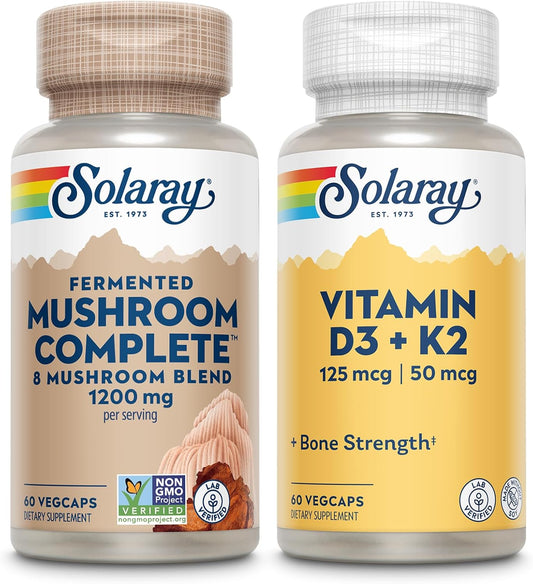 Organic Fermented Mushroom Bundle with Vitamin D3 K2 for Bone Health and Immune Support - Includes 8 Mushroom Supplement with Chaga, Reishi, Cordyceps, Turkey Tail, Lions Mane - 60ct each - Espot.com.au