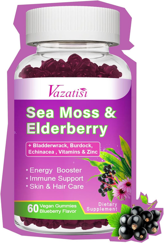 Blueberry Elderberry Gummies with Sea Moss, Bladderwrack, Echinacea, Apple Cider Vinegar - Vitamin C, D & Zinc Immune Support Supplement for Women, Men, Adults and Kids - 60 Ct - Espot.com.au