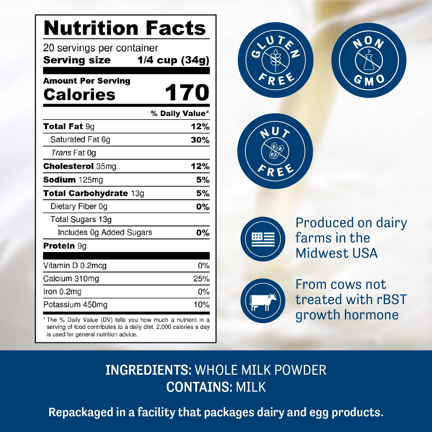 Non-GMO Gluten-Free Whole Milk Powder - 1.5lb Pantry Staple, Baking Ready - Made in USA with No rBST, Nut-Free - Easy to Store & Shelf Stable Powdered Milk - Espot.com.au