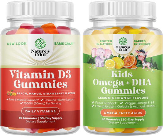 Kids Bundle: Vitamin D3 Gummies + Plant Based Omega 3 Gummies for Bone Strength, Heart Health, and Immune System Support - Vision & Immunity Boost - Espot.com.au