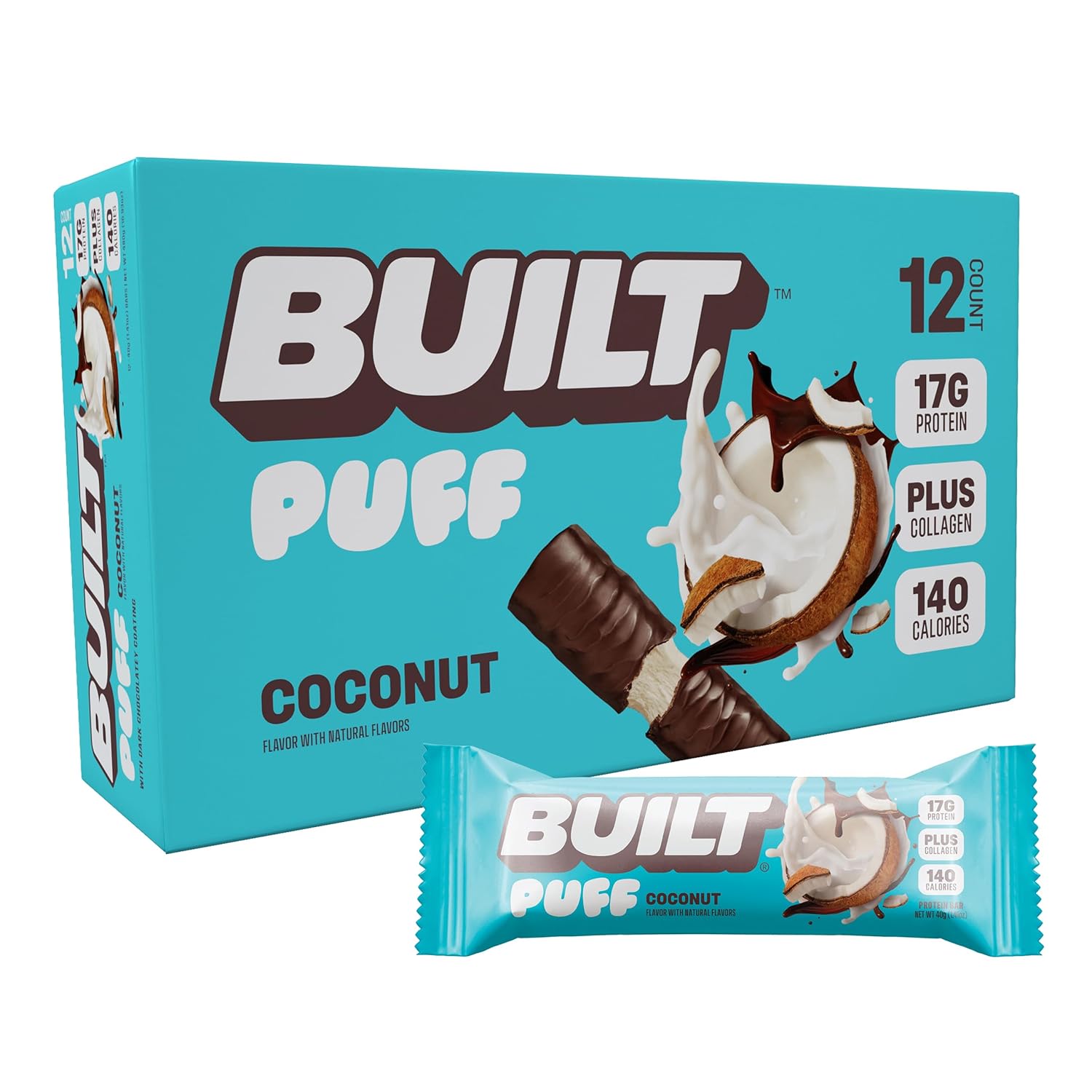 Built Bar Coconut Puff Protein Bars - High Protein Snacks, On-The-Go Bars - 12 Count, 17g Protein, 140 Calories, 6g Sugar - Collagen, Gluten Free - Espot.com.au