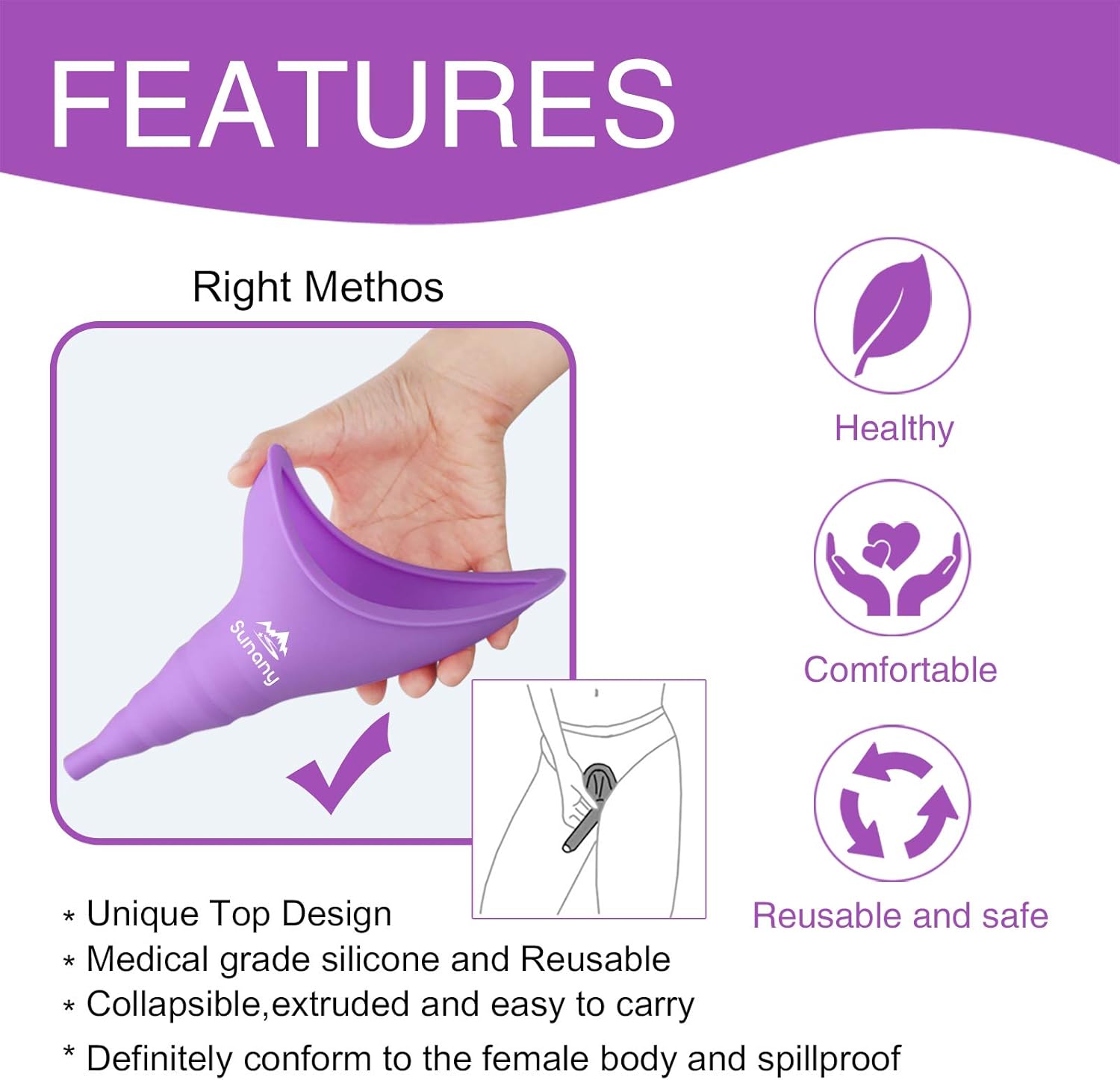 Reusable Female Urinal with Silicone Funnel - Portable Standing Female Urinal for Outdoor Activities, Camping, Travel - Sunany - Espot.com.au