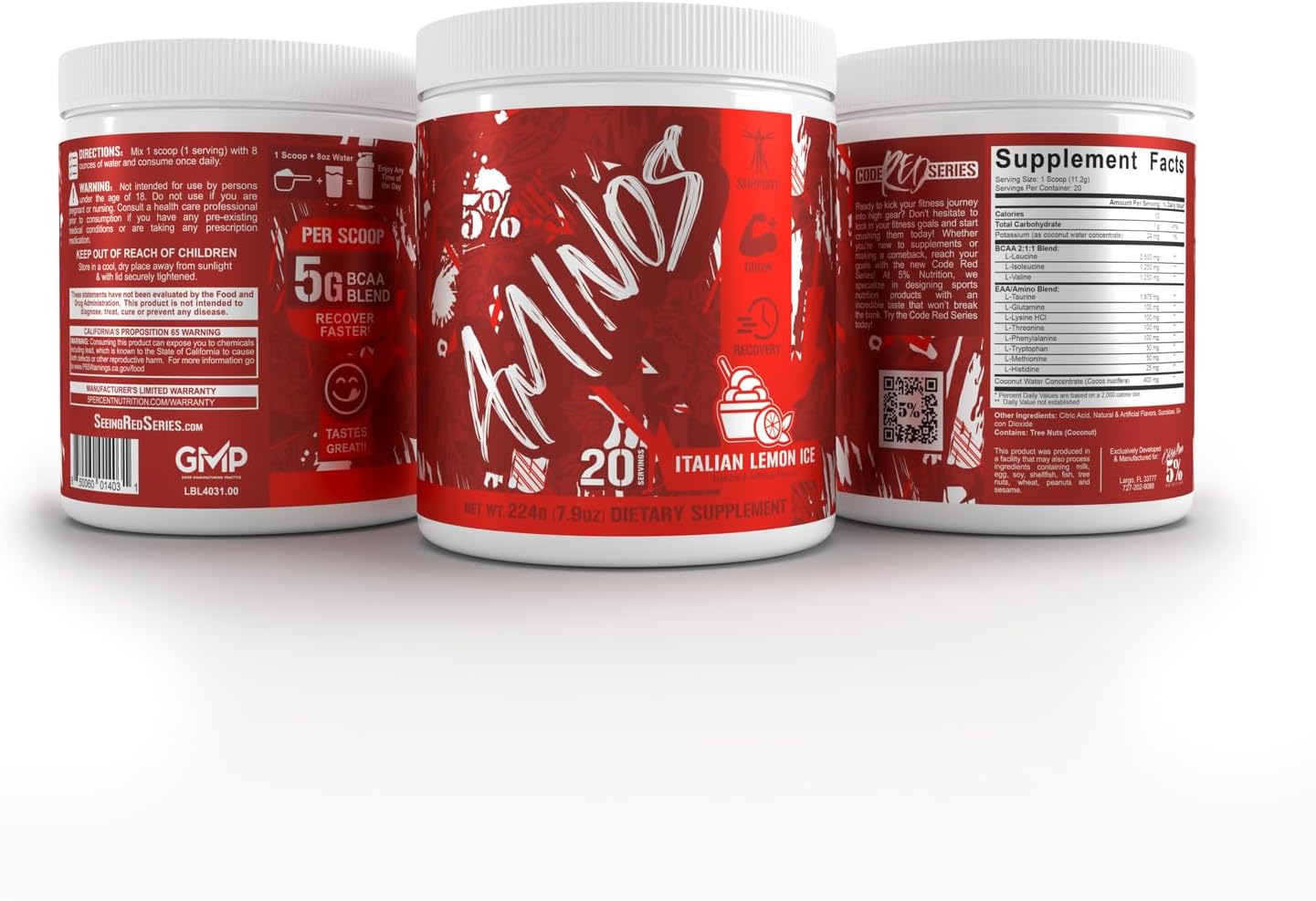 5% Nutrition Code Red Aminos BCAA & EAA Post Workout Recovery Powder - Italian Lemon Ice Flavor - Full Spectrum Essential Amino Acid Complex for Men & Women - Espot.com.au