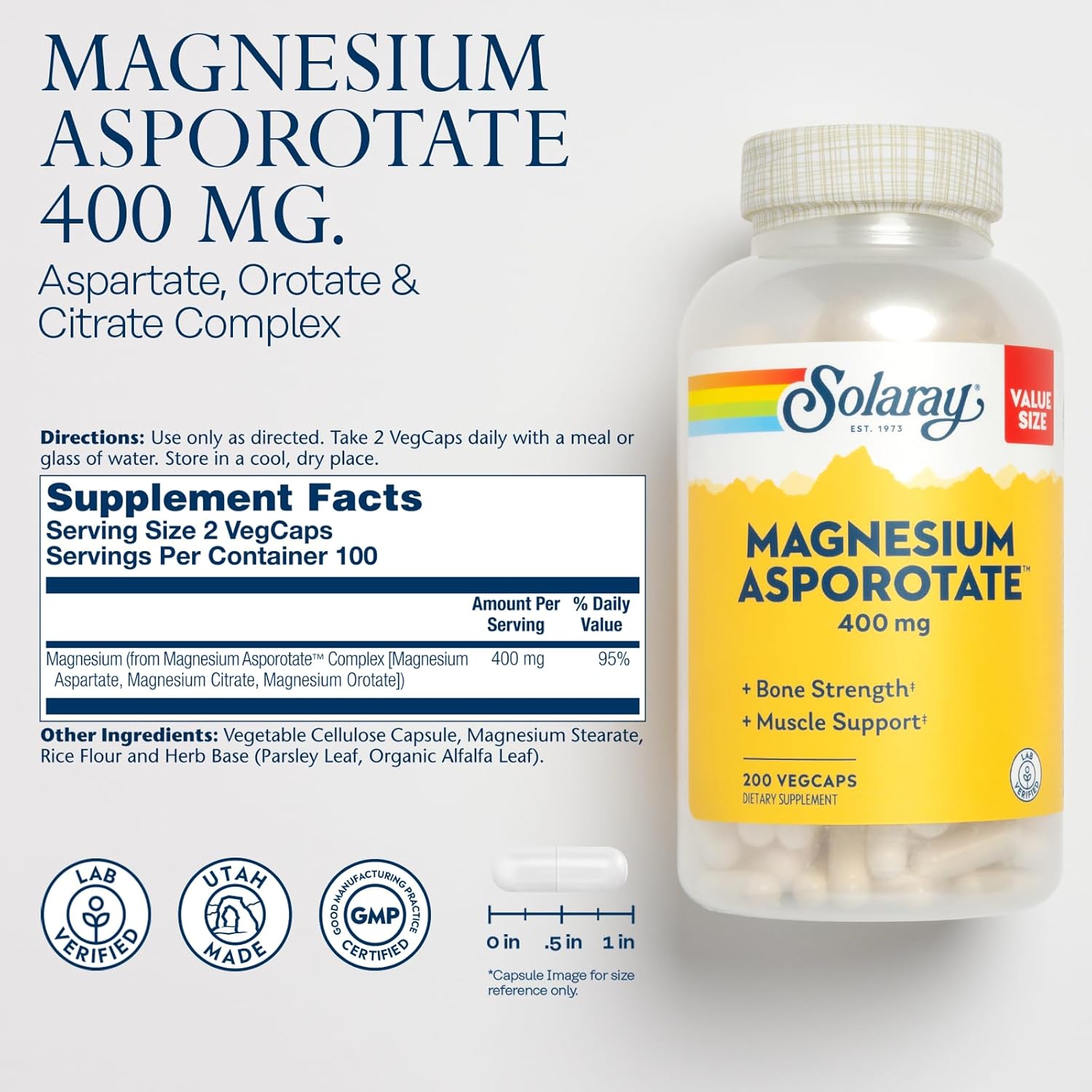 Solaray Magnesium Asporotate 400 mg - Chelated Supplement for Bone, Muscle, Nerve Support - Espot.com.au
