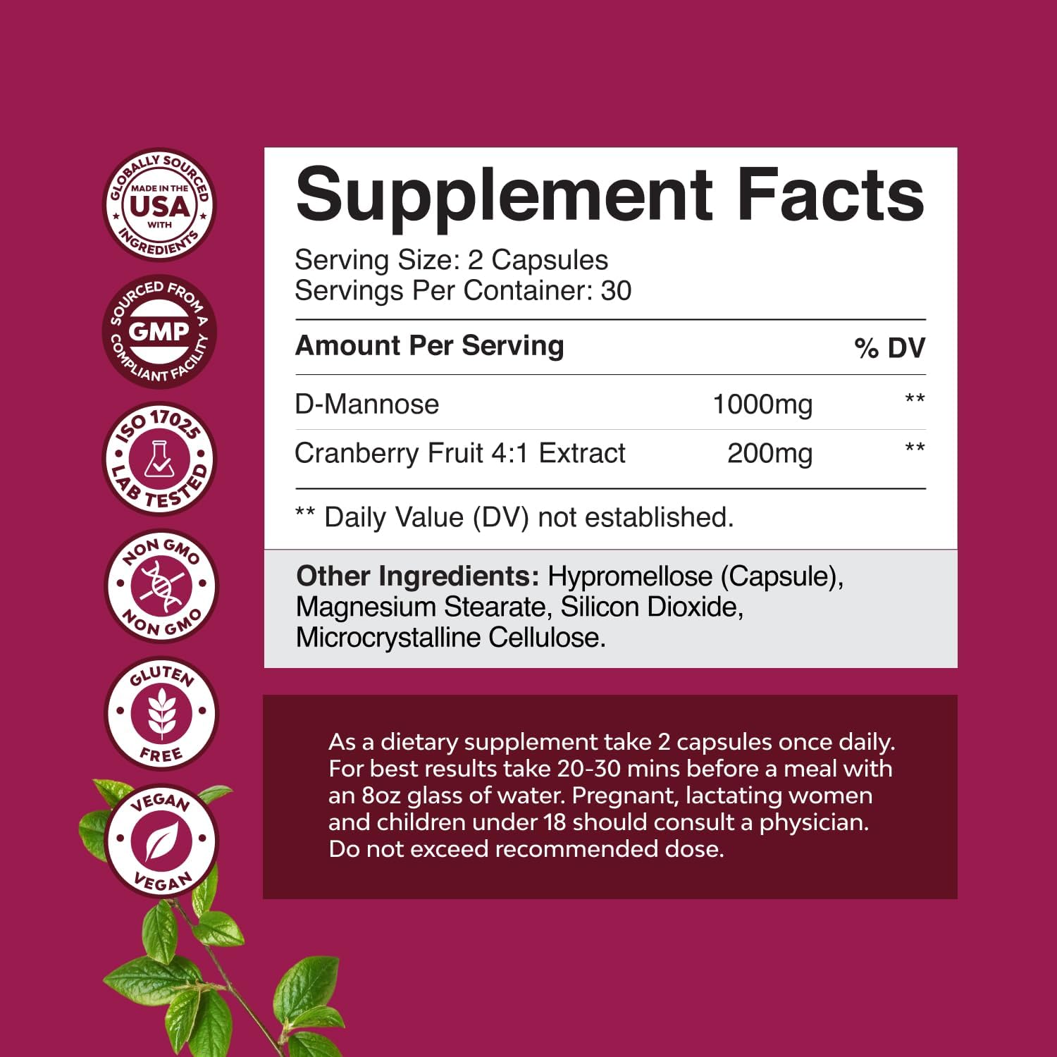 D-Mannose with Cranberry Capsules - 1000mg for Kidney & UTI Support - Bladder Health Supplement for Women & Men - 60 Count - Espot.com.au